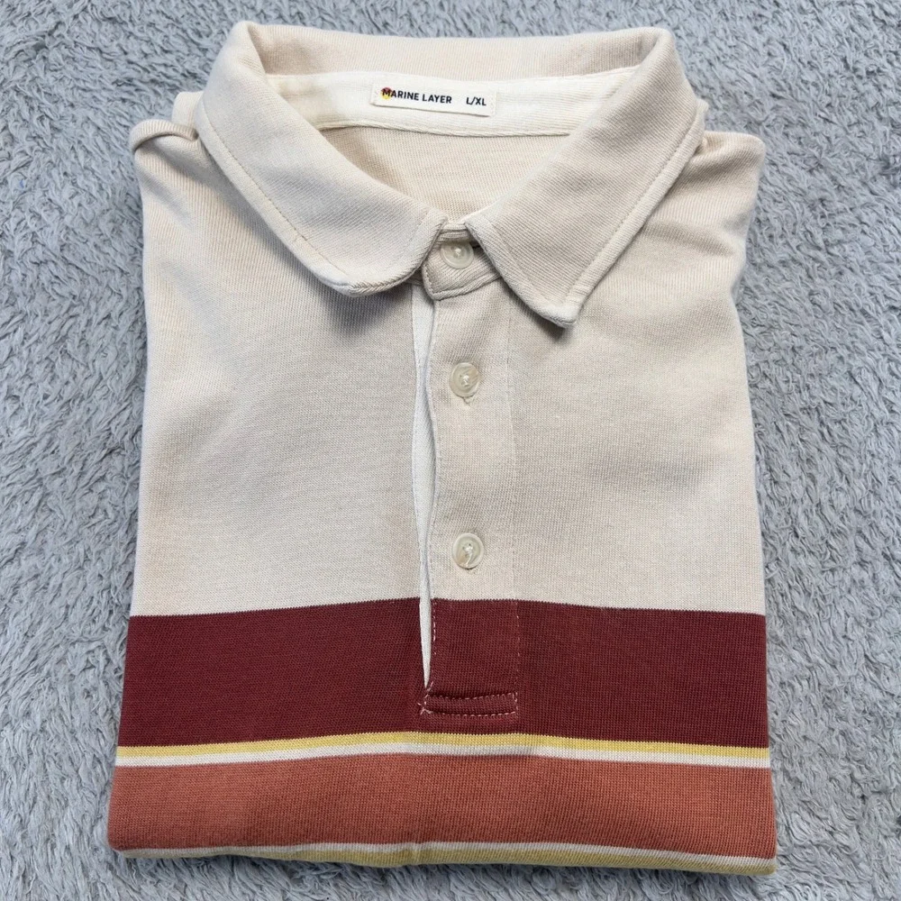 Marine Layer Polo Shirt Mens L XL Tan Long Sleeve Retro Stripe Cotton Modal Soft
